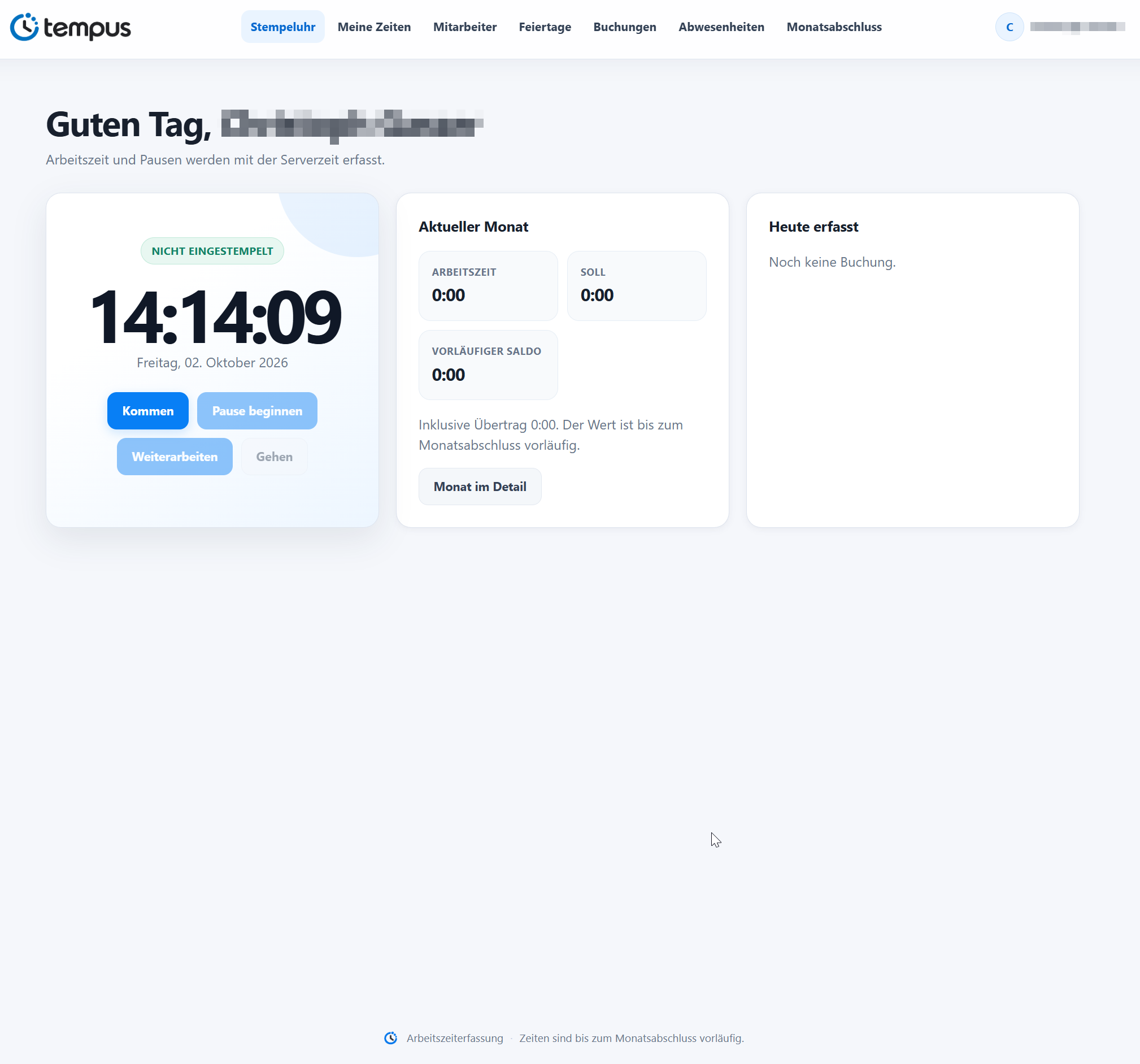 Browserbasierte Tempus Stempeluhr